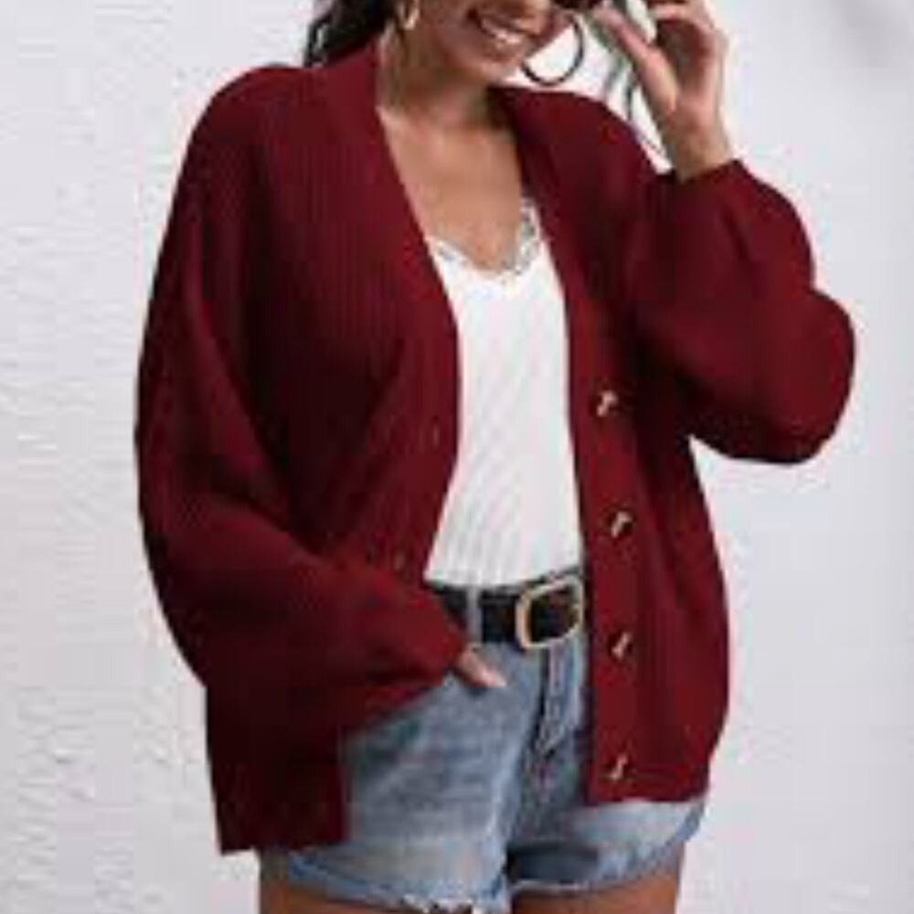 Free People Wool Blend Oversized Cardigan Size XS Burgundy Pockets